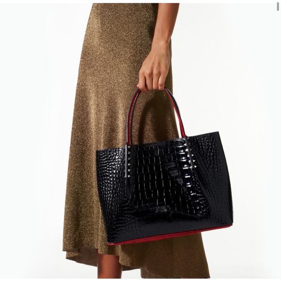 Christian Louboutin Cabarock Croc Small Black Leather Tote Spiked Shoulder Bag - Picture 8 of 12